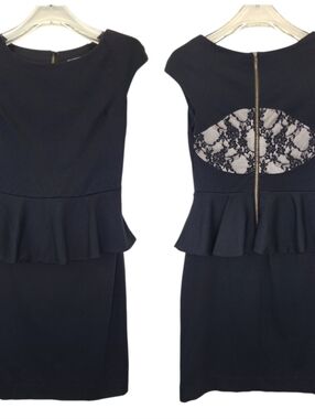Express Black Peplum Dress Lace Back Detail Exposed Zipper Rayon Blend 0